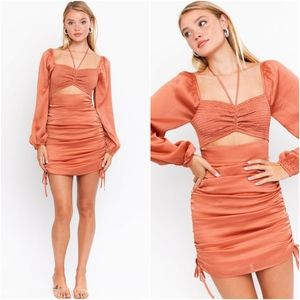 LE LIS Sophisticated Chic Copper Satin Peek-A-Boo Long Sleeves Dress